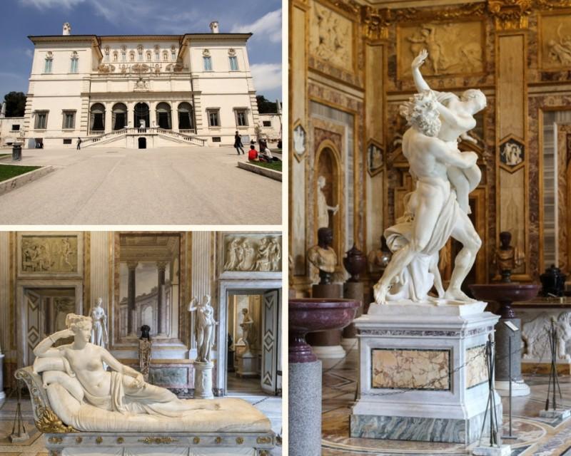 Exterior e esculturas expostas na Galleria Borghese em Roma