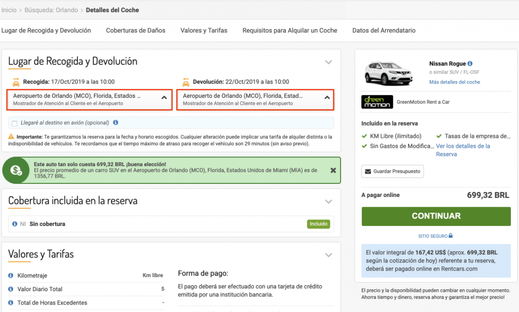 Configuración de los detalles de una reserva de renta de auto