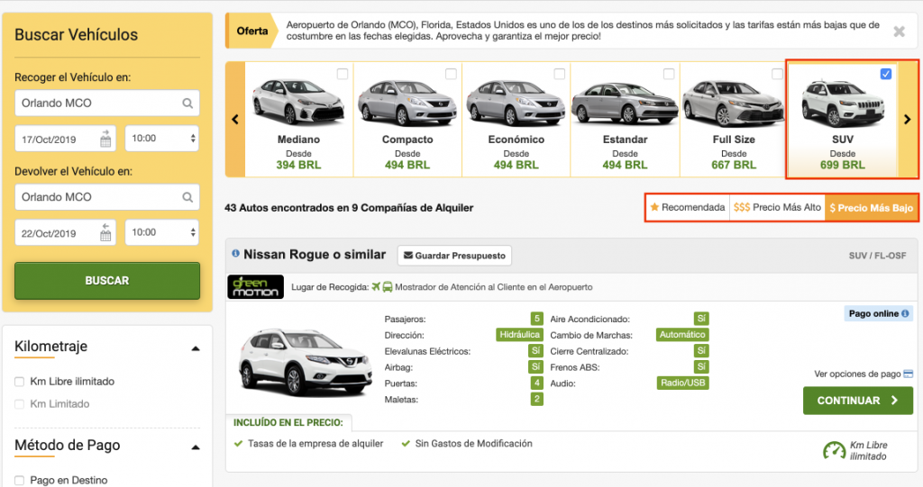 Opciones de renta de autos en Orlando