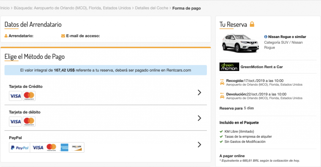 Diferentes método de pago para la renta de un auto