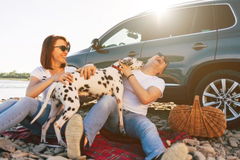 couple hugging a dog in front of a car