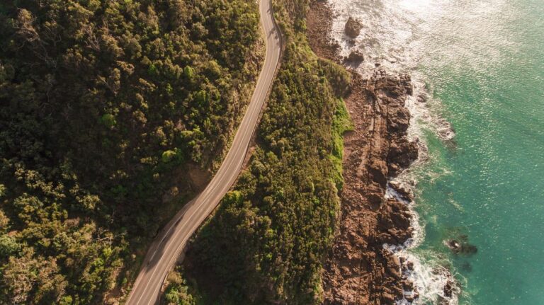 aerial view of road and sea