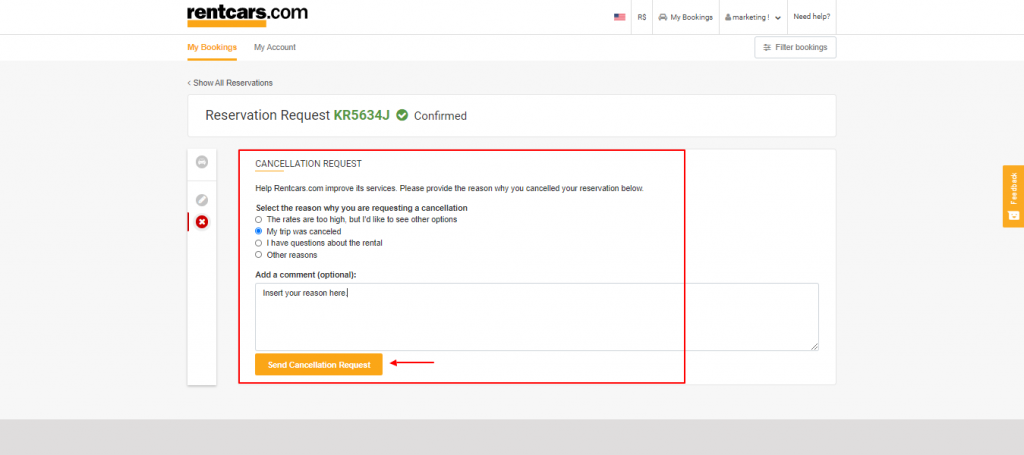 cancel reservation on rentcars.com