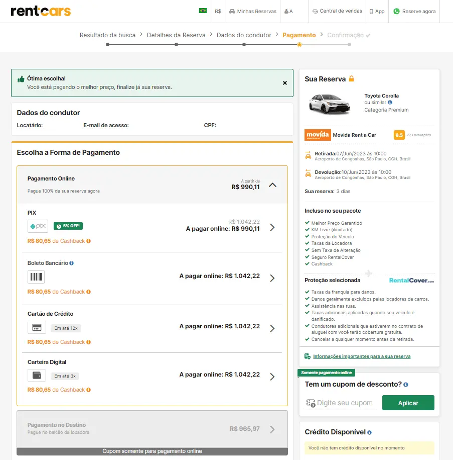 Tela de escolha das opções de pagamento no site da Rentcars