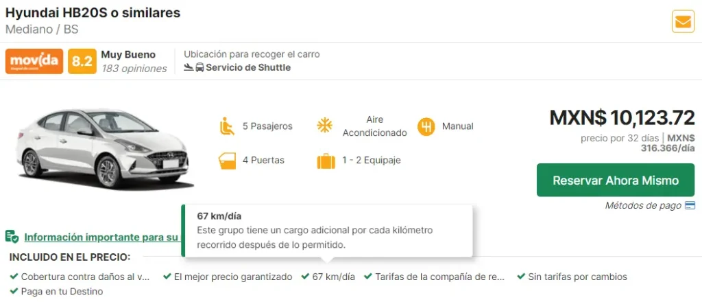 Captura de pantalla de la plataforma de Rentcars donde se ve las informaciones del kilometraje limitado.