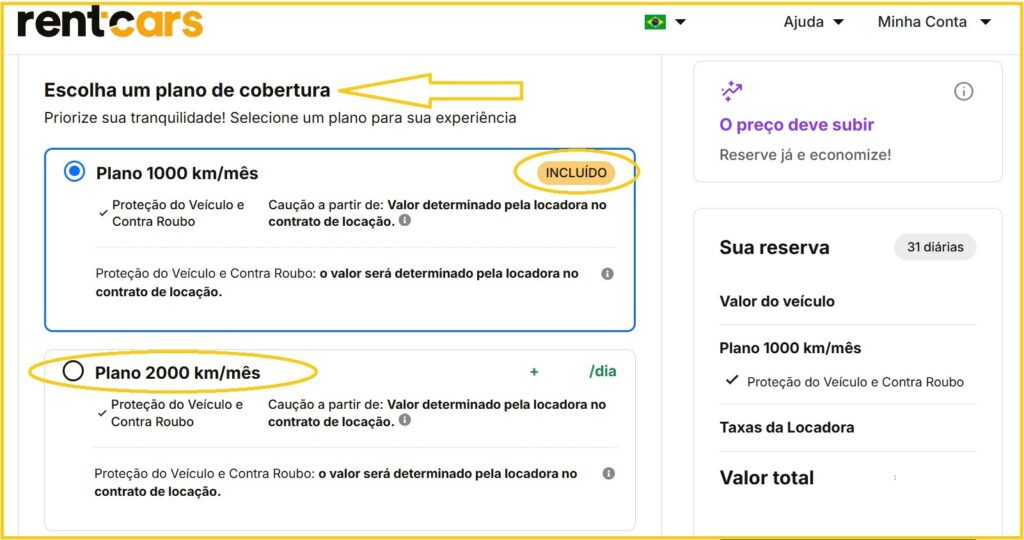 Tela de seleção de plano de cobertura no site rentcars, com opção do Plano 2000 km/mês e detalhes de proteção do veículo e contra roubo