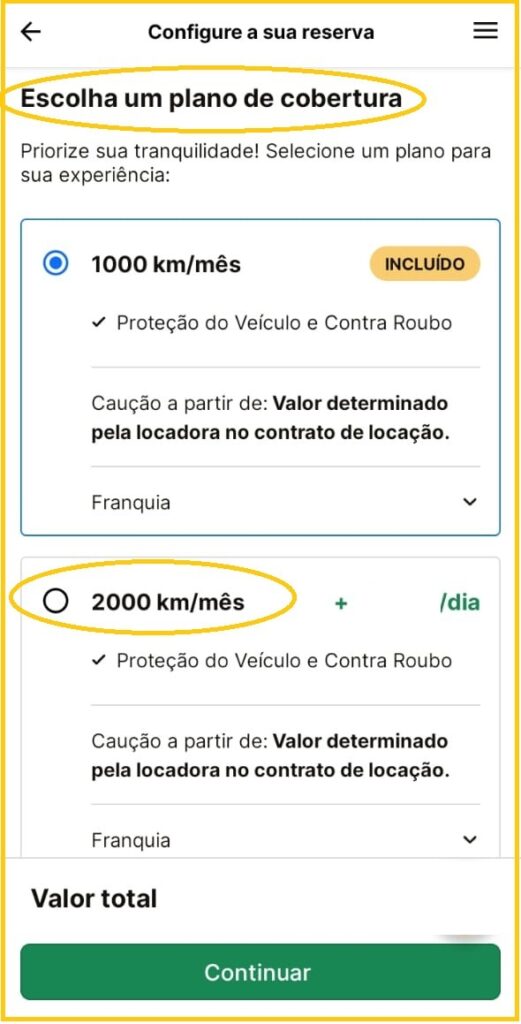 Tela de seleção de plano de cobertura no site rentcars, com opção do Plano 2000 km/mês e detalhes de proteção do veículo e contra roubo