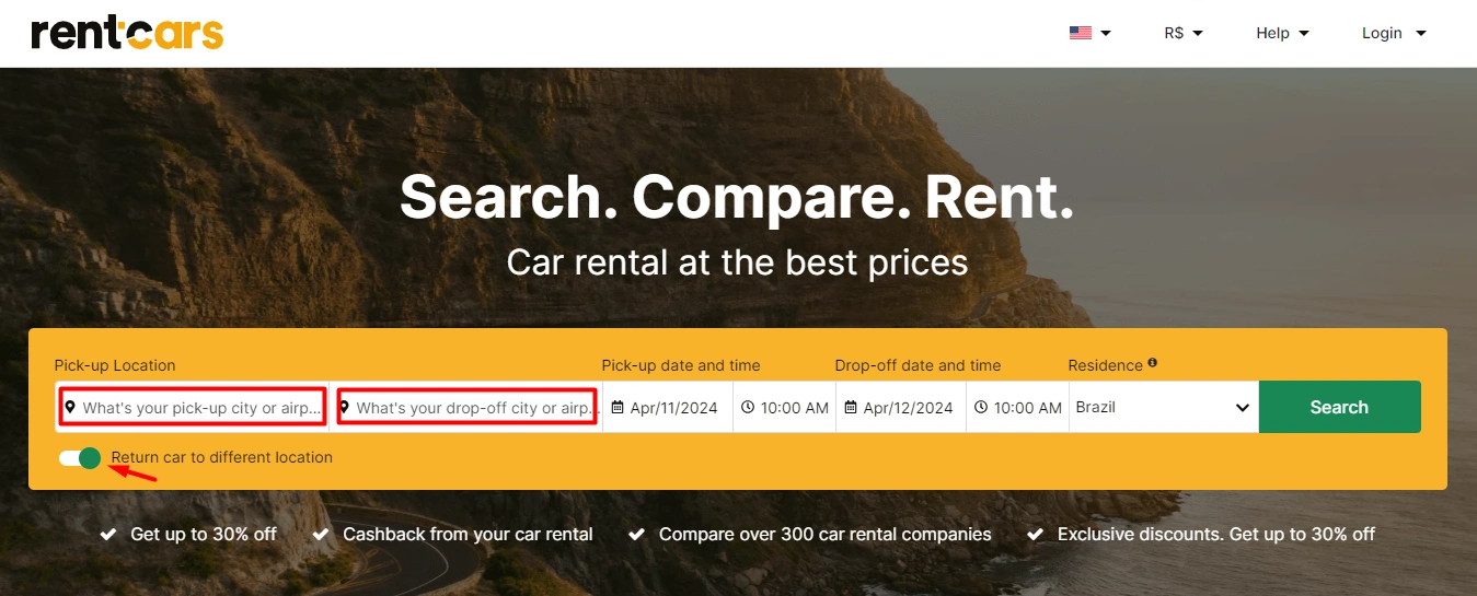 example of search page showing how to select the option to return the car to a different location