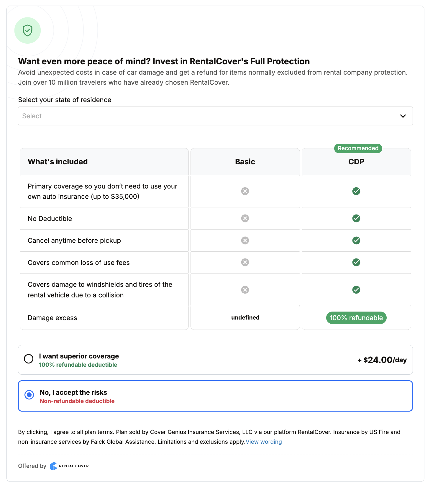 RentalCover offer on Rentcars' website