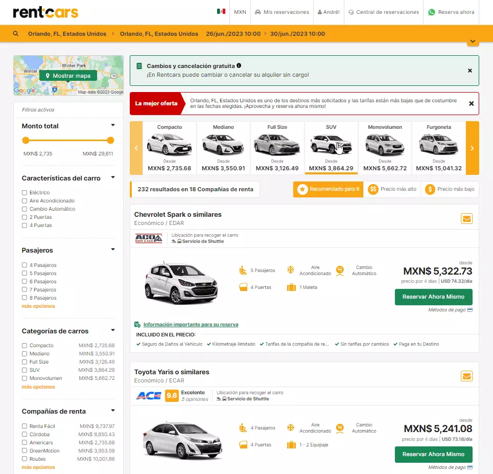 Lista de opciones de categorías y autos disponibles con las rentadoras asociadas a Rentcars