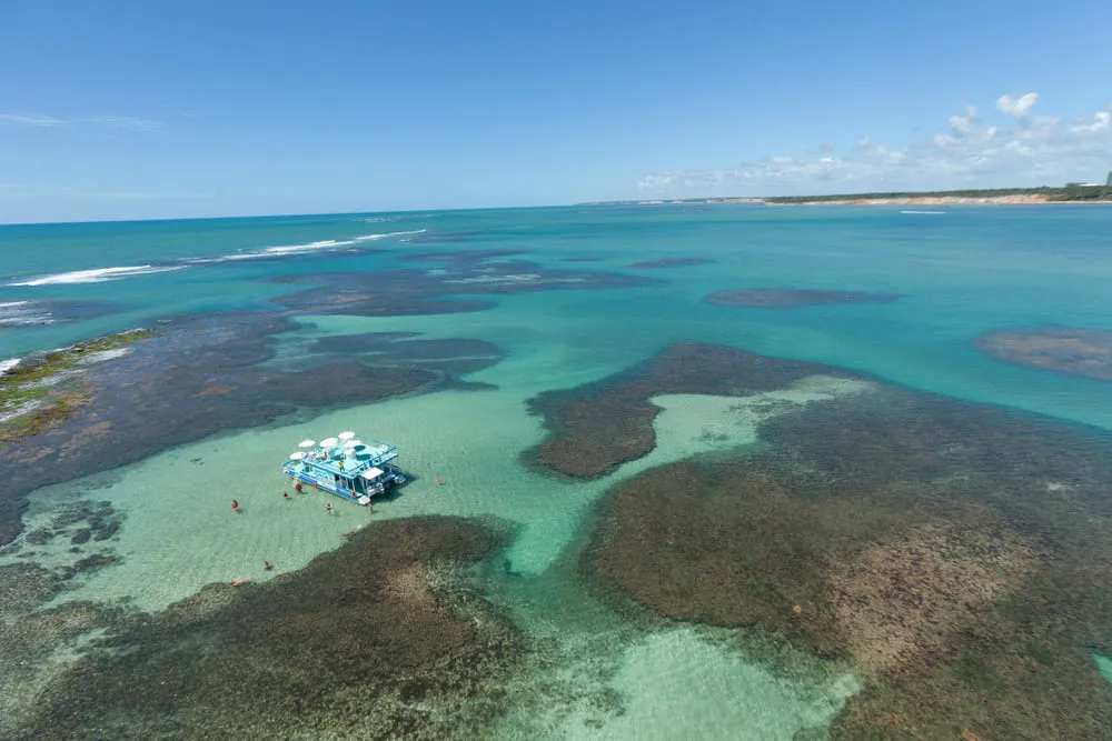 Foto das piscinas naturais e os corais de João Pessoa. O mar é azul e verde. O céu está completamente azul.