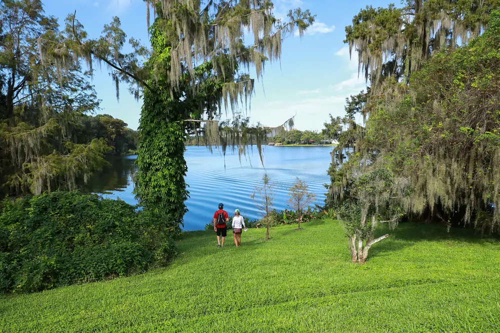 In the photo, a view of the Harry P. Leu Gardens' lake, trees, and a couple walking towards the water.