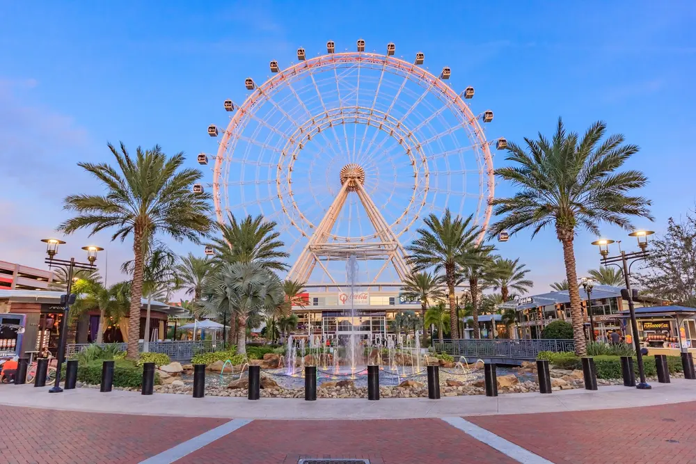 View of The Wheel, also known as Orlando Eye, a ferris wheel at ICON Park in Orlando.