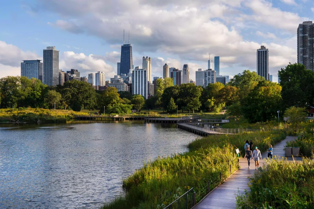 Grant Park with a view to the Chicago skyline. 
