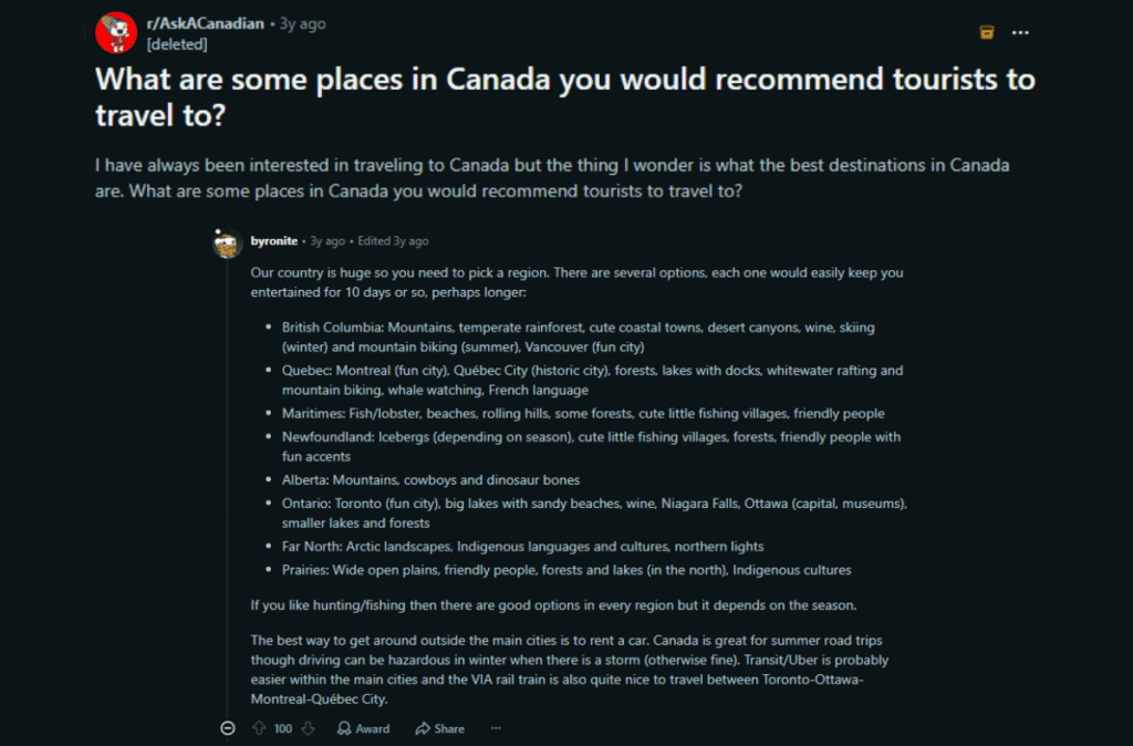reddit discussion best places to visit canada