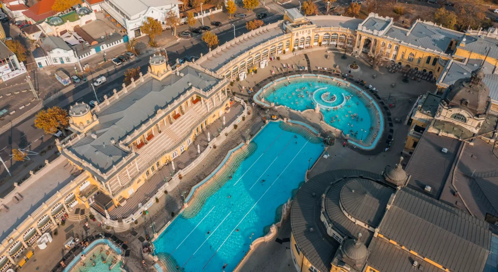Aerial view of the Széchenyi baths, in Budapest.