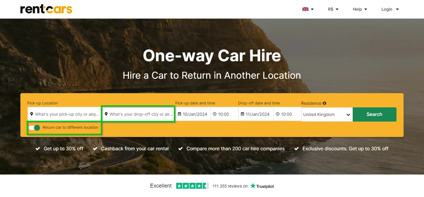 Search One Way Car Rental and One Way Car Hire in Rentcars website