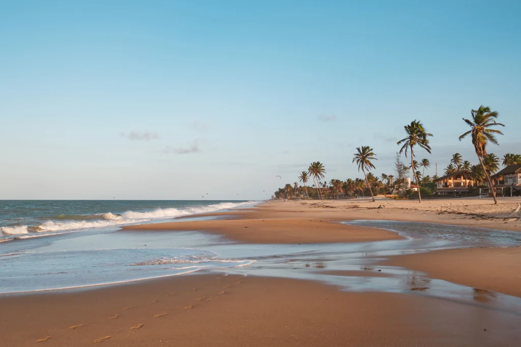 Foto duma praia isolada em Fortaleza com umas palmeiras de fundo