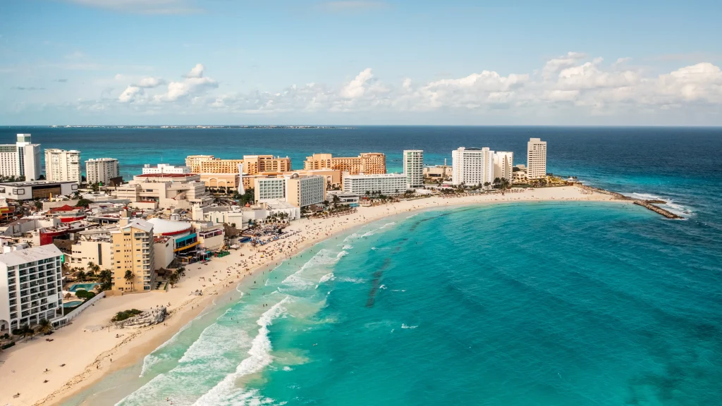 Aerial view of the Hotel Zone and Beach in Cancun.