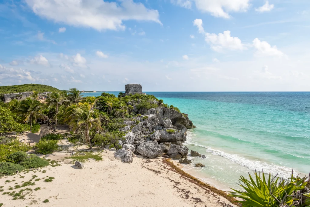 Aerial view of a beach in Tulum.