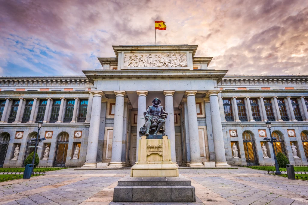 Photo shows the front of Prado Museum, in Madrid.