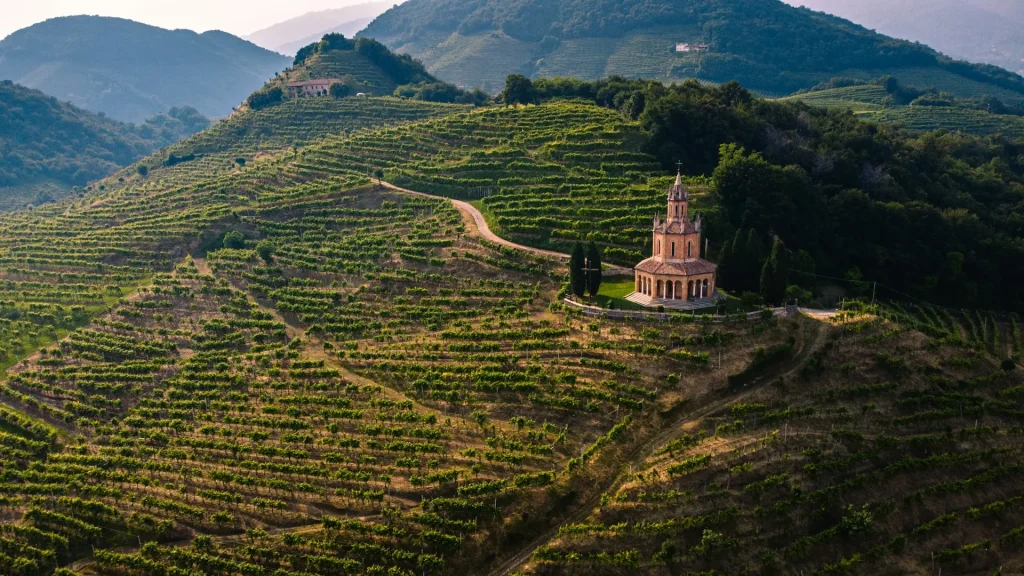Edificio de hormigón blanco y marrón sobre una viña durante el día en región de enoturismo de Italia.