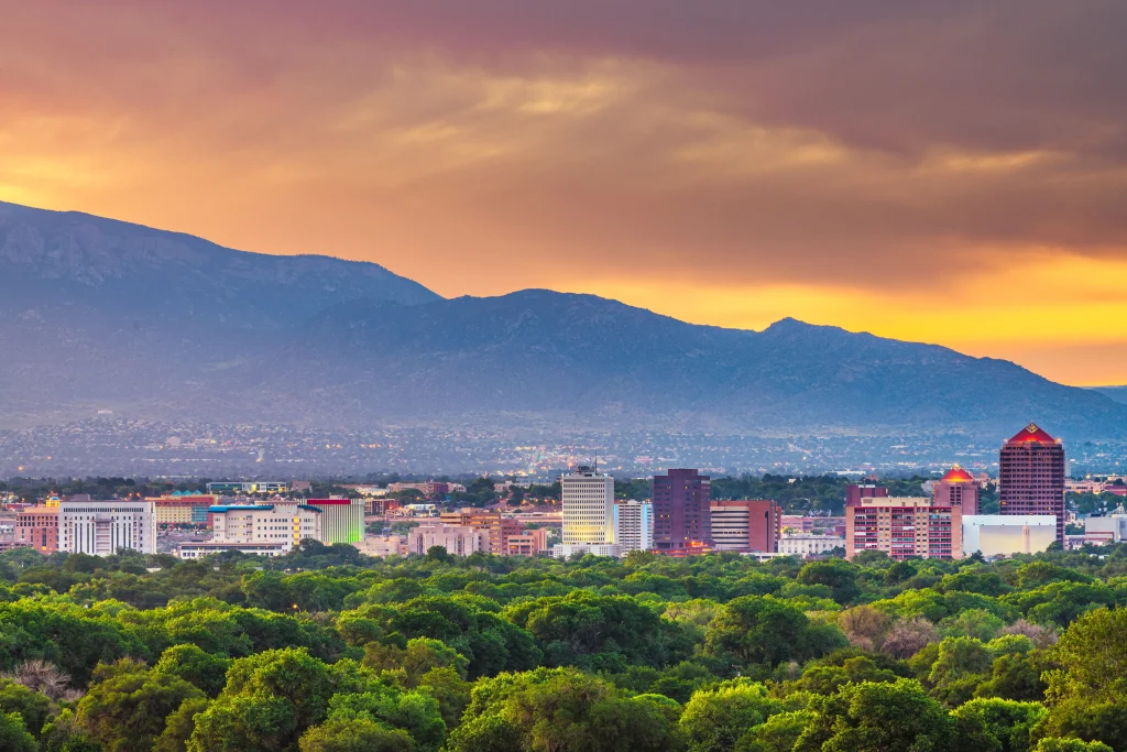 Aerial view of the Albuquerque skyline, in New Mexico.
