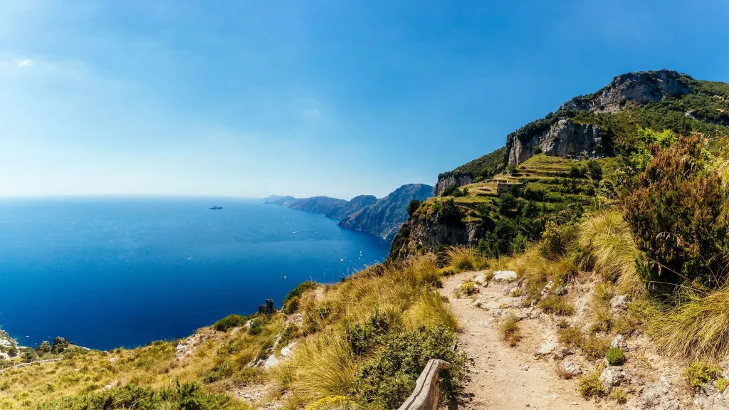 Panoramic view of the Path of hte Gods hike, near Positano.