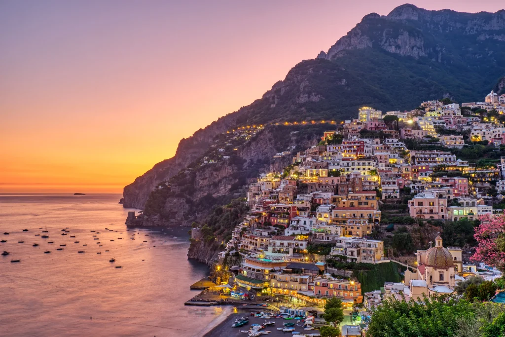 Town of Positano on the Amalfi Coast at sunset.