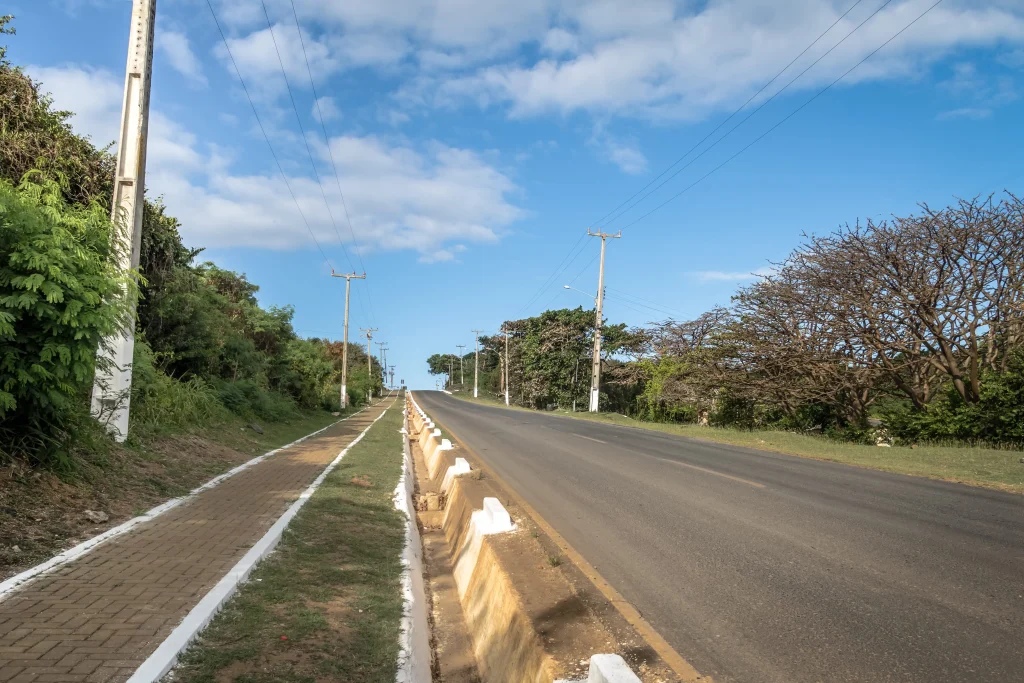 Foto de uma das estradas de Pernambuco. O céu está azul. Nas laterais da rua há vegetações e a estrada está vazia. Há postes nas laterais.