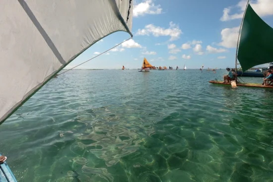 Foto do mar bem verde cristalino com as jangadas sobre ele. Há pessoas nas jangadas e as jangadas são coloridas. O céu está bem azul.