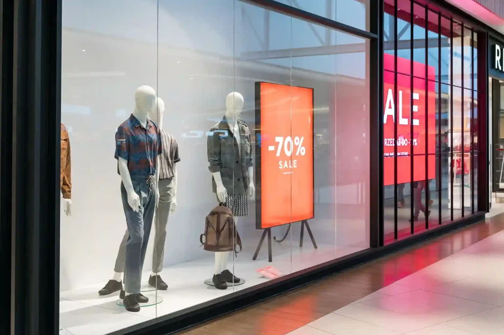 Foto de uma vitrine de loja de roupas com um banner escrito "-70% Sale" demonstrando que a loja está com descontos. A vitrine é composta por 4 manequins.