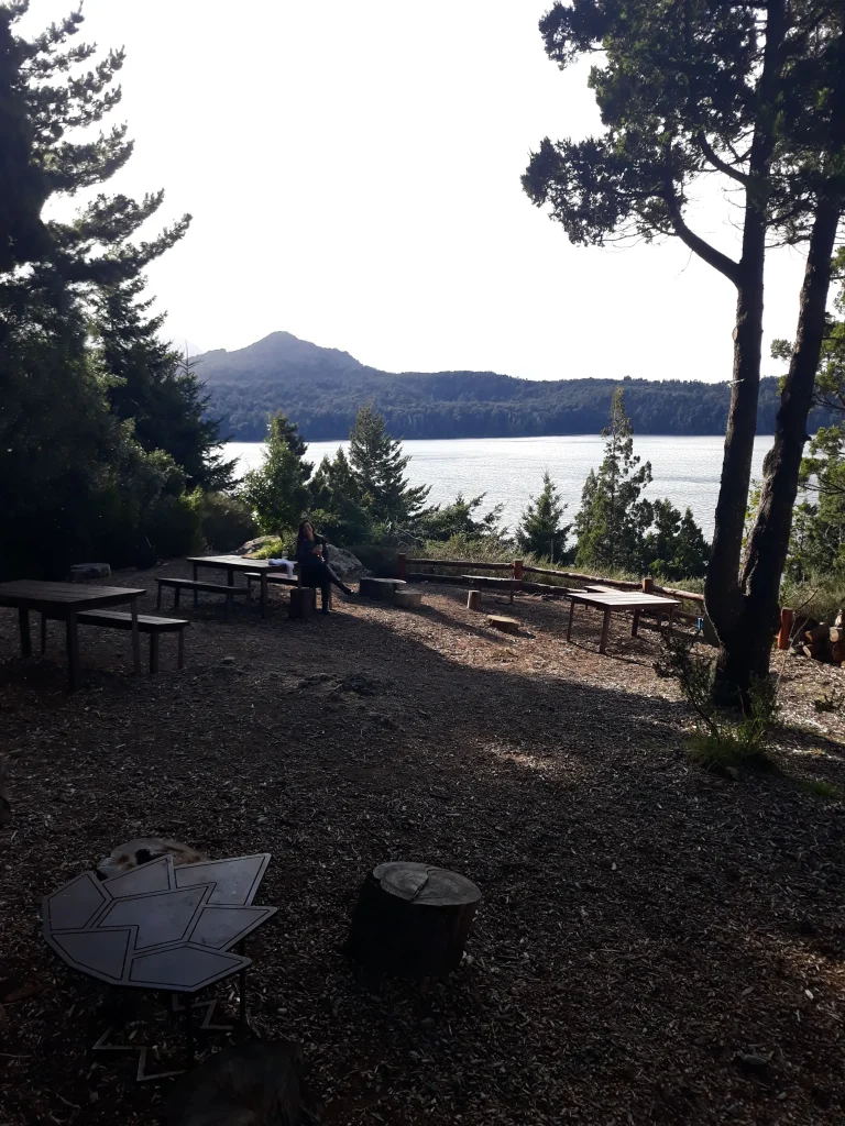 Uma imagem de um jardim da cervejaria Patagonia com vários pinheiros e um lago ao fundo com montanhas.