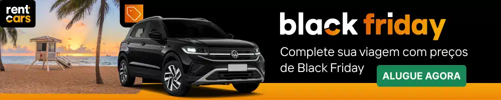 banner com um fundo de praia e um carro preto para black friday rentcars