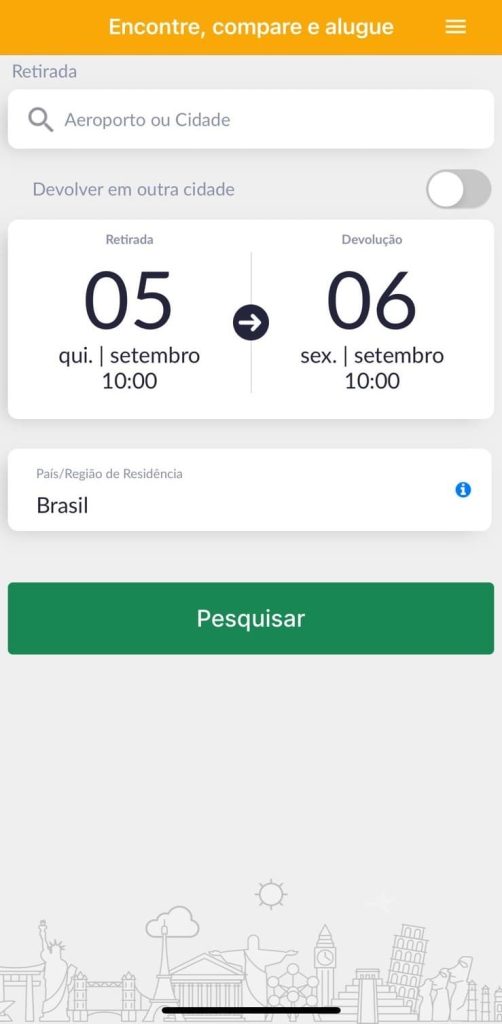 Imagem da tela do aplicativo da Rentcars.