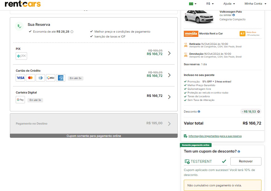 Imagem da tela do site da Rentcars quando o cliente está colocando o cupom de desconto para o aluguel de carro.