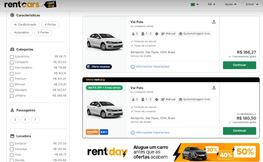 Imagem da tela do site da Rentcars quando o cliente está escolhendo o carro para aluguel.