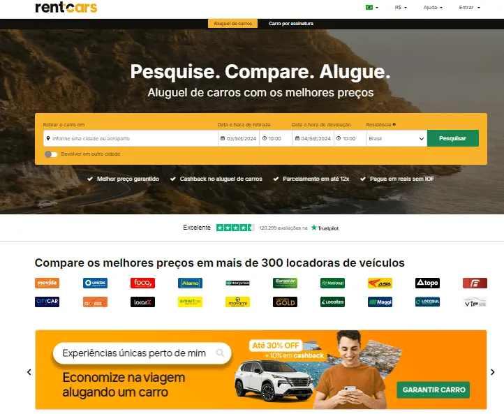 Imagem da tela do site inicial da Rentcars.