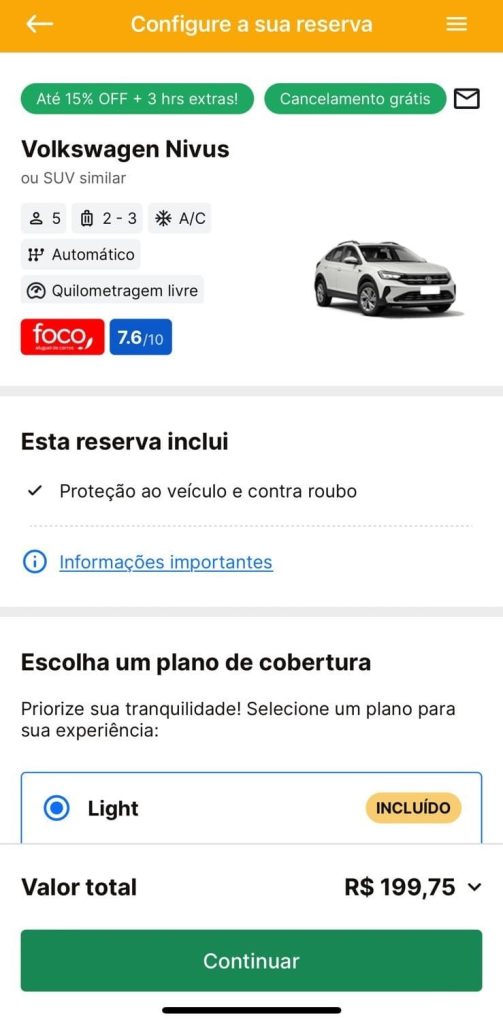 Imagem da tela do aplicativo da Rentcars para selecionar carro.