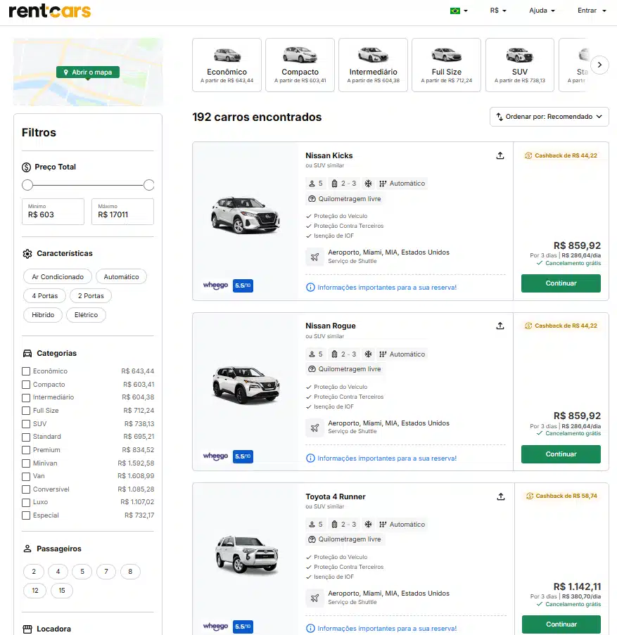 print da tela de seleção de aluguel de carros da rentcars