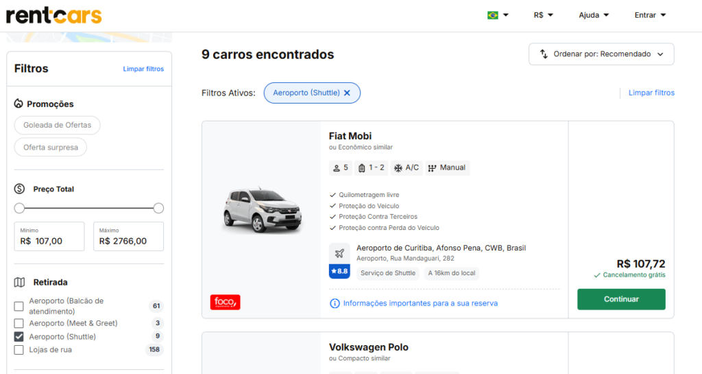 Tela de busca do site Rentcars mostrando resultados de aluguel de carros, com filtro ativo “Aeroporto (Shuttle)” e opções como Fiat Mobi e Volkswagen Polo, com preço a partir de R$ 107,72.