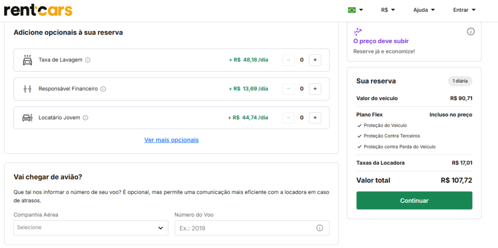 Tela de reserva do site Rentcars com opções adicionais, taxa de lavagem, responsabilidade financeira, locatário jovem e valor total da reserva, com botão Continuar.