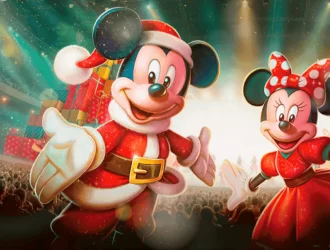 Mickey e Minnie Mouse de natal em um fundo verde