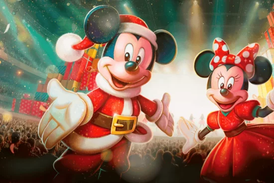 Mickey e Minnie Mouse de natal em um fundo verde