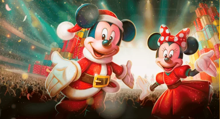 Mickey e Minnie Mouse de natal em um fundo verde