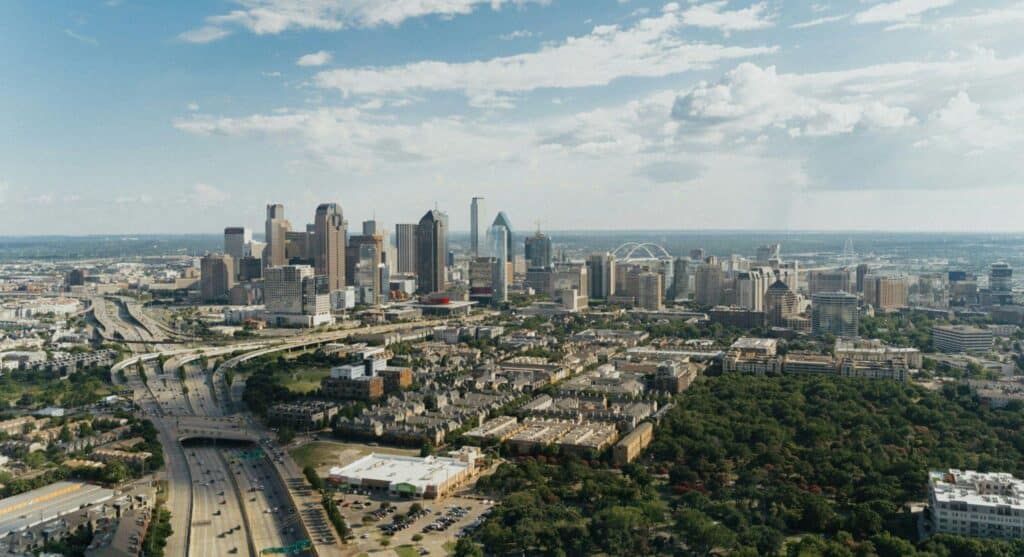 cidade de dallas, texas, vista de cima, com vários prédios e avenidas