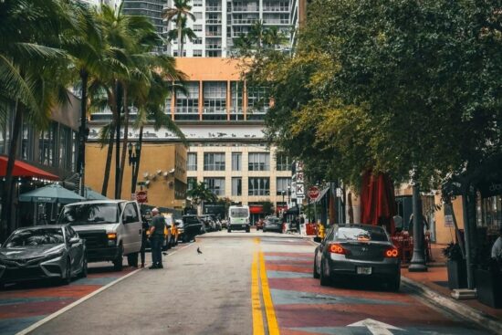 rua arborizada em miami beach, com carros e pessoas