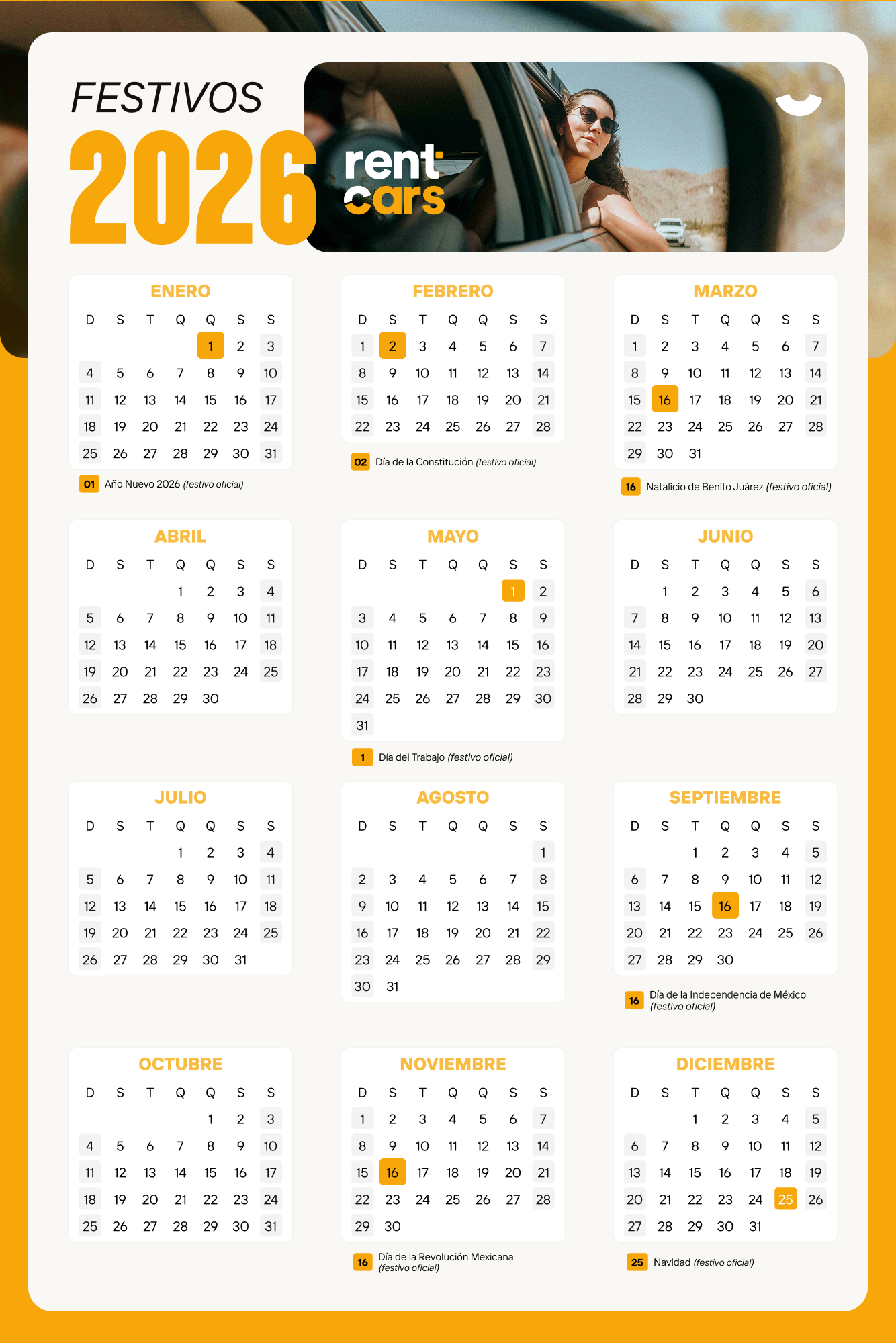 calendário anual de feriados 2026 dividido pelos meses do ano e datas importantes