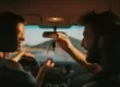 mulher e homem dentro do carro sorrindo com homem passando a chave para ela