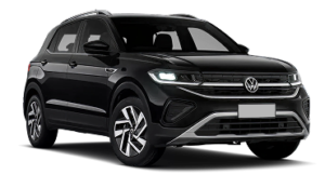 Volkswagen SUV preto em estúdio, com destaque para a grade frontal e faróis de LED, mostrando detalhes de design e rodas, em fundo escuro.